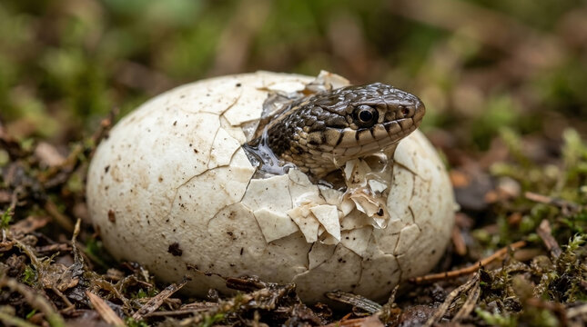 Lizard hatching from eggshell on forest floor with cracked shell and emerging reptile. Lizard emerging from hatching egg reveals fascinating reptile life cycle in nature.