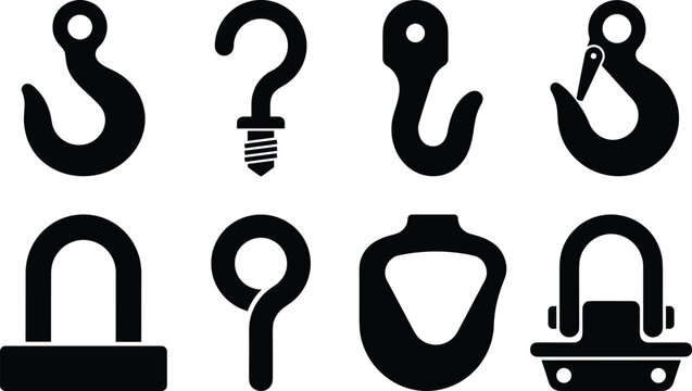Industrial Hook and Lifting Hardware Icons Set with Crane Hooks Shackles and Eye Hooks