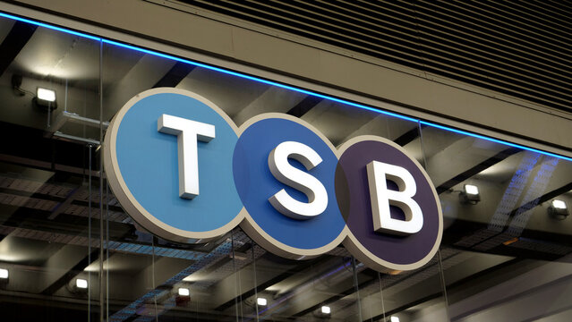 Manchester, England, UK - 18 June 2026: TSB Bank branch logo sign, corporate brand identity of famous british retail banking group on modern storefront glass facade