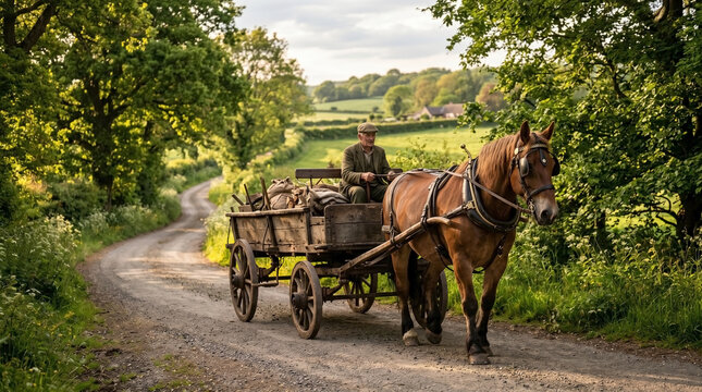 Horse pulling cart along country road with farmer in green landscape. Horse and cart navigate dirt path surrounded by trees and fields. Concept farming lifestyle and outdoor work in rural areas.
