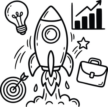 Business growth and success concept illustration. Rocket, light, target, growth and briefcase doodle vector.
