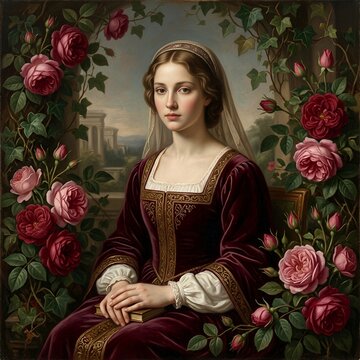 Renaissance Woman Portrait: Elegant Lady Among Roses