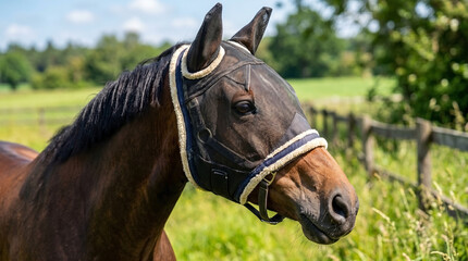 Fototapeta premium Brown horse with a halter standing in a lush green field near a wooden fence. The horse displays a calm demeanor, enjoying the serene natural environment.