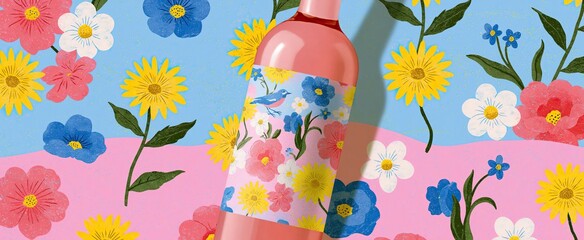 Fototapeta premium Festive scene featuring a floral wine bottle with a colorful label against a soft pastel background.