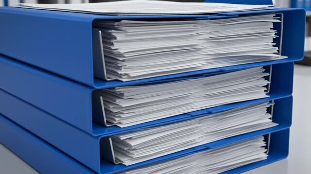 Close up view of four blue file folders stacked neatly on a white desk inside an office.