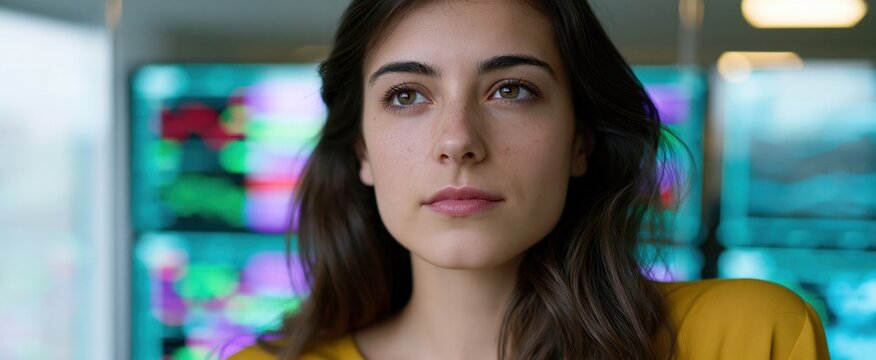 Young lady reviewing vibrant financial dashboards on clear displays in a bright office setting