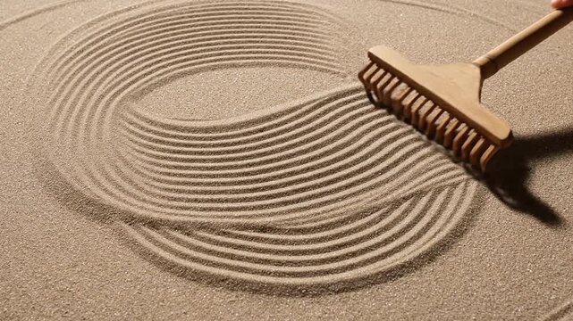 Hand raking patterns in beige sand creating a peaceful zen garden for meditation and wellness