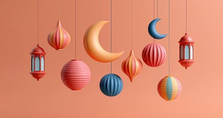 Fototapeta premium Festive Eid banner featuring colorful crescent moons and lanterns, creating a warm and cheerful holiday vibe.