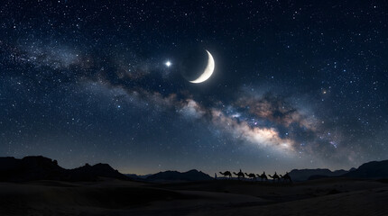 Fototapeta premium Starry Night Sky with Bright Stars Full Moon and Mountain Silhouettes Under a Clear Blue Galaxy Landscape