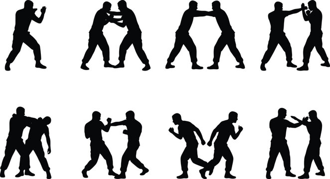 Martial Arts Self Defense Silhouette Collection with Combat Training and Sparring Techniques