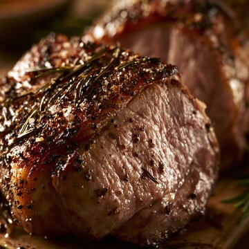 Juicy Herb Crusted Roast Pork with Cracked Pepper and Golden Caramelized Texture Close Up