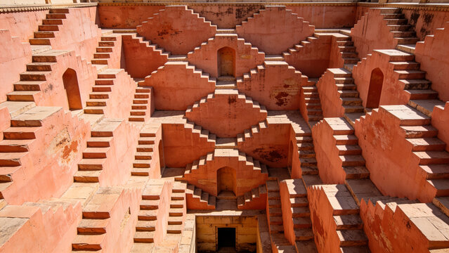 Ancient Indian Stepwell Mesmerizing geometric staircases descend deep into the earth, revealing intricate stone architecture and historical design of a cultural marvel
