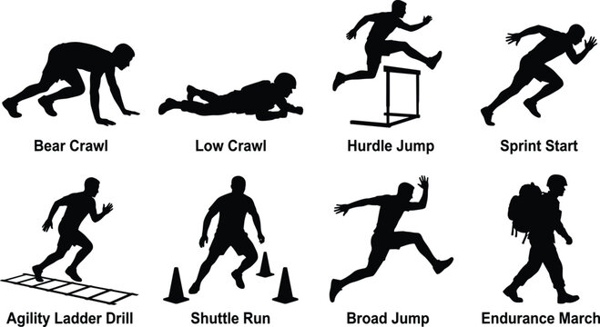 Military Fitness Training Silhouette Collection with Agility Running Jumping and Endurance Exercises