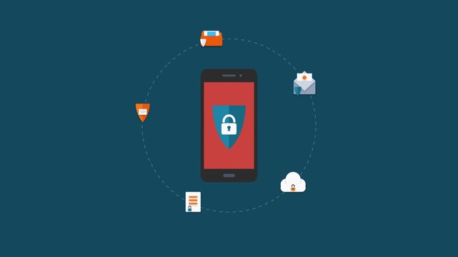 Flat conceptual animation showing mobile cybersecurity with a shield icon on a smartphone surrounded by rotating cloud, email, and document data protection symbols on a blue backdrop