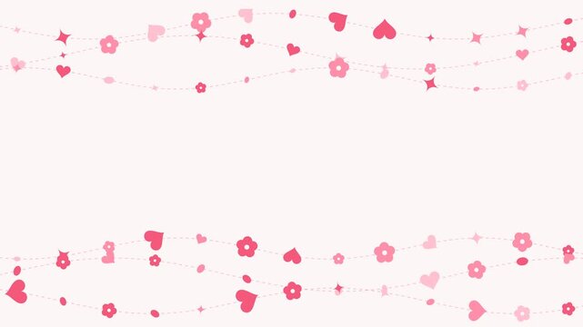 Cute pink background animation with lovely hearts and flowers hanging on waving dashed string garlands, creating a clean central copy space for Valentine's Day project seamless loop