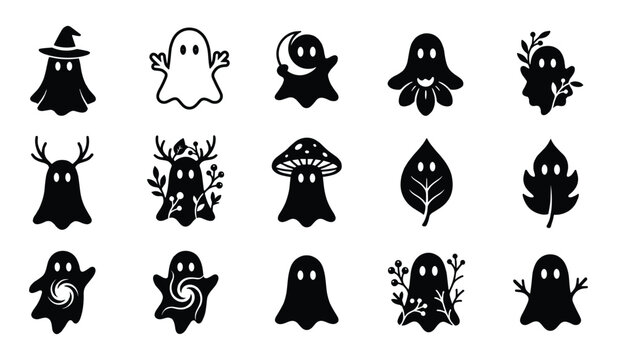 Hand drawn spooky ghost icons with leaves mushrooms and antlers for mystical autumn design