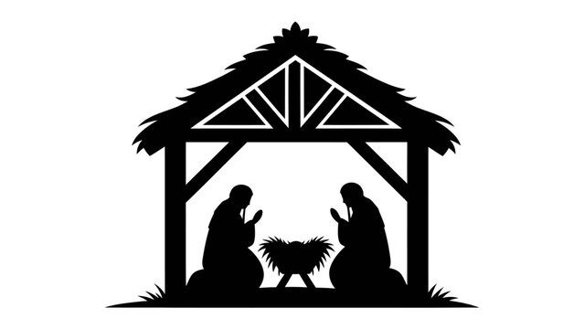 Nativity Scene Silhouette: A solemn silhouette depicts the sacredativity scene with Mary and Joseph kneeling beside a manger, embodying the spirit of Christmas and faith.