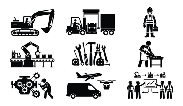 Industrial manufacturing and logistics icons showing production lines transport and workers