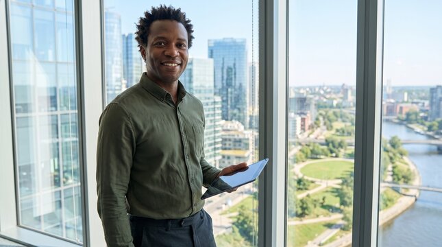 Smiling young black businessman holding tablet by office window confident male entrepreneur professional corporate worker successful manager portrait modern workspace commercial concept