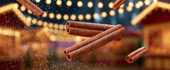 Fototapeta premium Floating cinnamon sticks surrounded by soft sugar sprinkles, set against a lively holiday market scene.