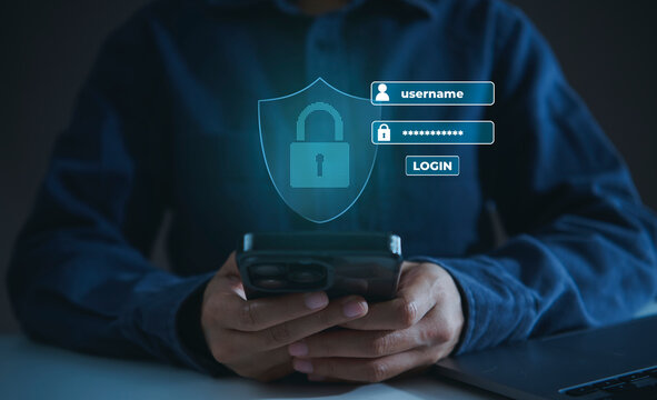 Secure login cybersecurity with person using smartphone and authentication interface to protect accounts encrypt personal data prevent fraud and support safe digital access for online business