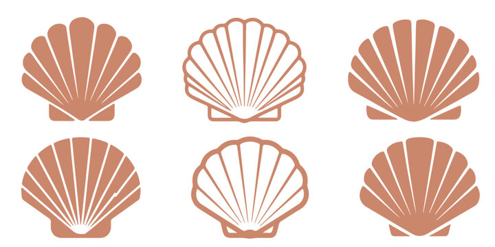 Decorative seashell icon collection in solid and outline styles scallop shell marine nature symbols, coastal beach vector