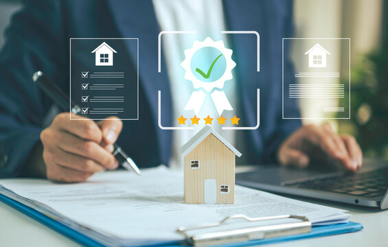 Property certification review concept with businessperson checking home documents five star approval mortgage assurance real estate compliance valuation trust and secure investment