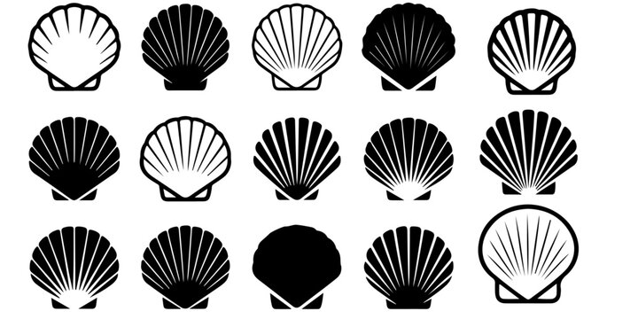 Decorative seashell icon collection in solid and outline styles scallop shell marine nature symbols, coastal beach vector