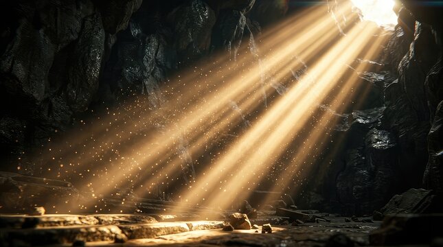 A cinematic view inside a dark, jagged mountain cave where brilliant golden sunlight streams through a ceiling opening, illuminating floating dust particles and rocky terrain.