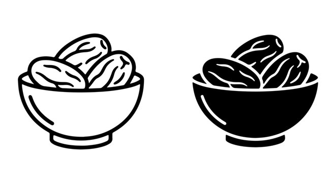 Bowl of Dates Vector Icons, Dried Fruit Healthy Snack, Sweet Food Illustration