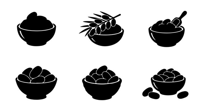 Date Fruit Icons Set, Black Silhouette Bowls of Sweet Dates, Healthy Food Vector Graphics