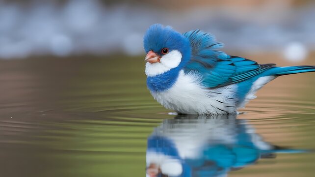 Blue Java Sparrow Finches Bathing in Water with Reflection