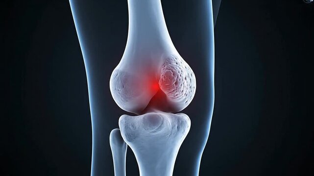 4K CGI Medical Visualization of Human Knee Joint in Cross-Section View Highlighting Inflammation and Joint Anatomy for Healthcare and Educational Use