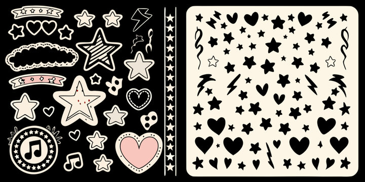 Star heart and musical note patterns in black and white vector illustration