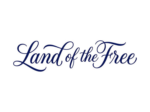 Elegant cursive script text reading Land of the Free centered on a solid black background surface.