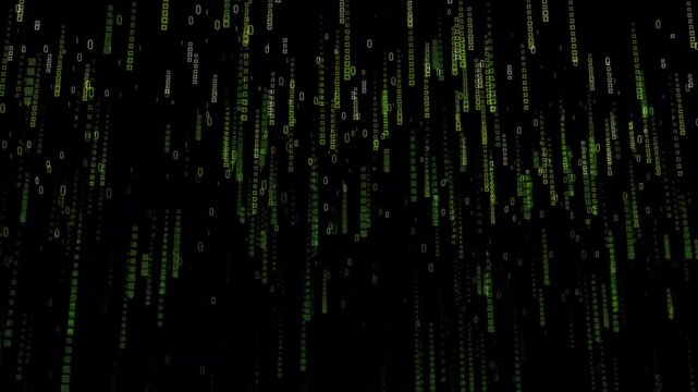 Digital binary code rain falling on black background