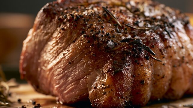 Juicy Herb Crusted Roast Pork with Cracked Pepper and Golden Caramelized Texture Close Up