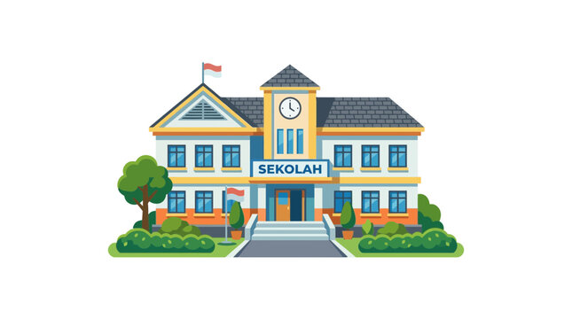 Modern School Building Exterior with Flag and Clock Tower, Education Concept