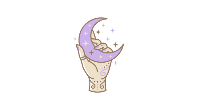 Mystical Hand Holding Crescent Moon and Stars