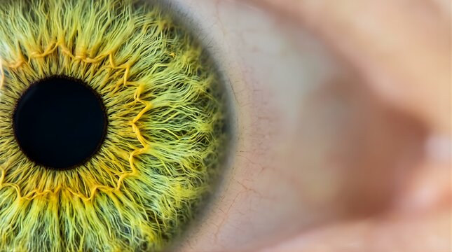 Extreme macro close-up of human yellow green eye with pupil and iris details