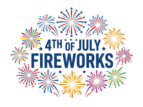 Detailed Fourth of July Fireworks Icon Collection Featuring Circular Burst Patterns and Typography.