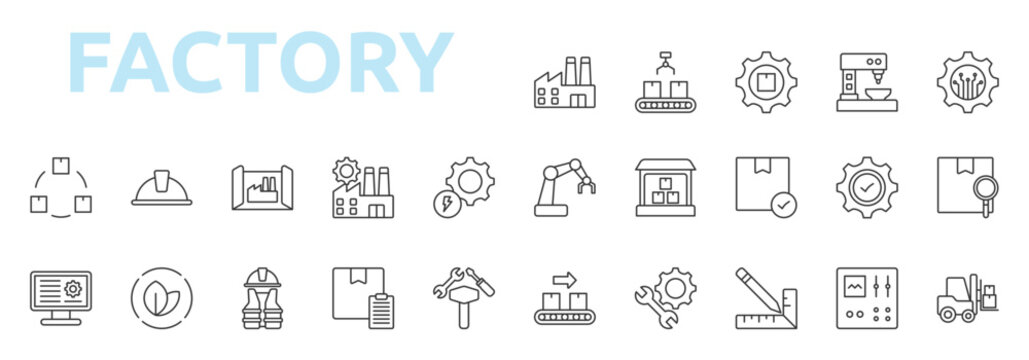 Factory icon set outline style with factory, production, manufacturing, machine, conveyor, assembly, automation icons
