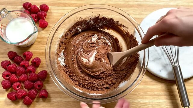 Mixing ingredients for a rich chocolate dessert with fresh raspberries and milk in a clear glass bowl