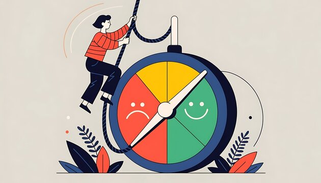 Person adjusting a mood meter dial showing sad and happy customer feedback levels