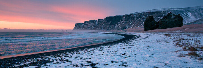 Naklejka premium snow-covered beach at pink sunset, winter seascape with cliffs and dunes, tranquil coastal landscape in winter sunset