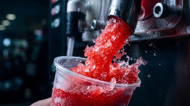 Pouring Red Slushy Drink into Plastic Cup from Machine perfect for Free Slurpee Day