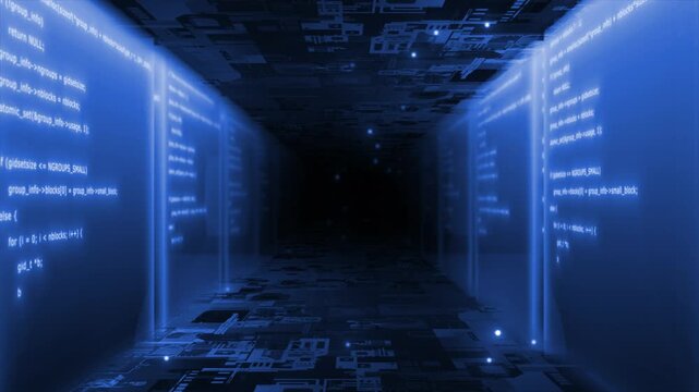 Royal blue color computer motherboard  binary code inside server raks with flowing particles sci fi tunnel futuristic design black seamless technology 3D background 