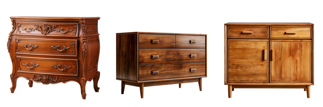 Set of Mid-Century Modern Wooden Sideboard Cabinet with Drawers and Doors transparent png background. Ai generated