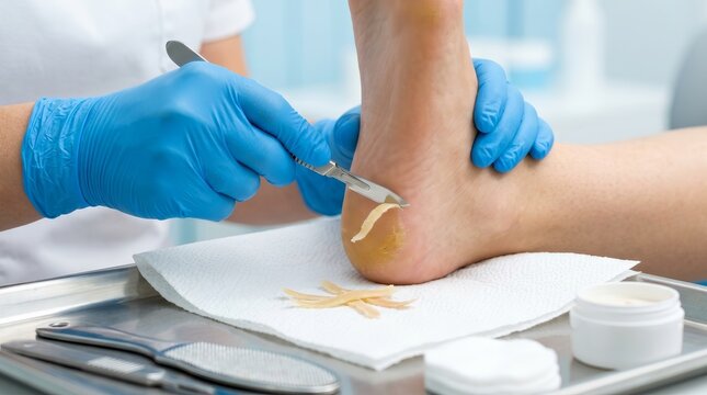 Medical foot care procedure showing the removal of dead skin and callus with a scalpel.
