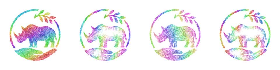 Colorful sketch rhino conservation icon design set © David Zydd